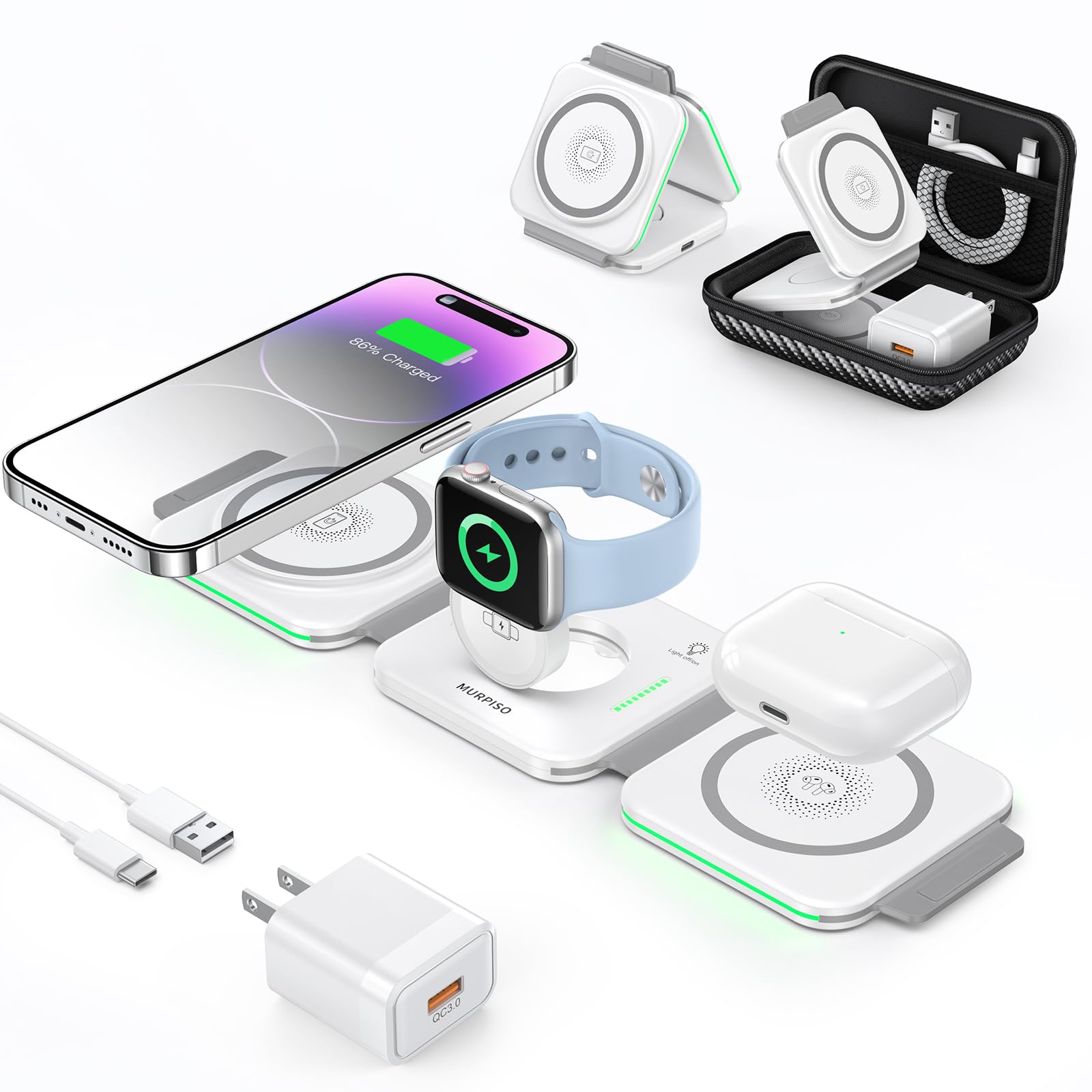Foldable 15W Wireless Charging Station Magnetic 3 In 1 Qi Portable Wireless Charger