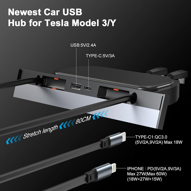 OEM USB Hub Fast Phone Charger For Tesla Car Model 3 Model Y-Waterproof Design OEM USB Hub Fast Phone Charger For Tesla Car Model 3 Model Y-Waterproof Design